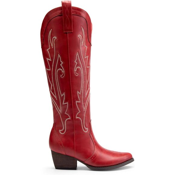 DREAM PAIRS Womens Red Cowboy Boots Wide Calf Knee High Ladies - Picture 5 of 9